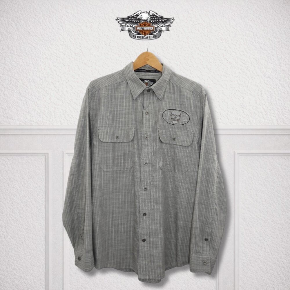 Harley-Davidson Gray Snap Collar Button Up Shirt Skull Logo Back Size L